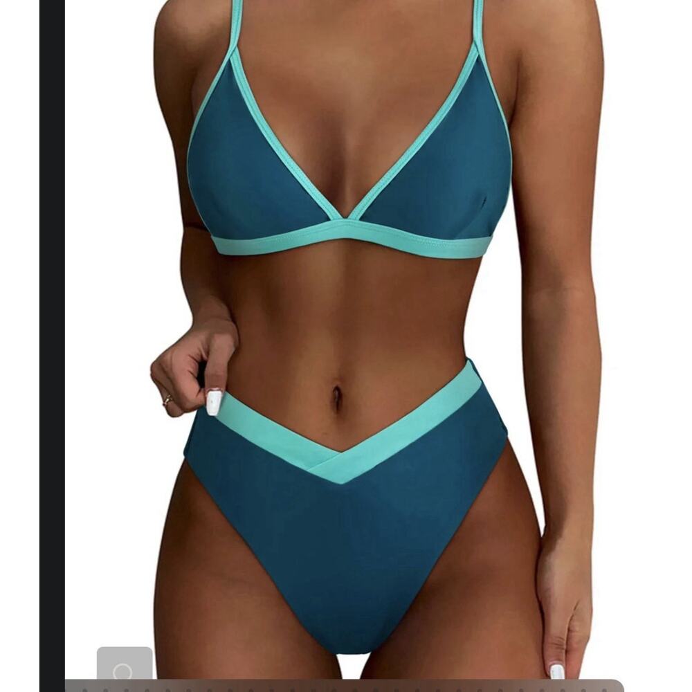 SUUKSESS Women Triangle High Cut Bikini Blue Green M
